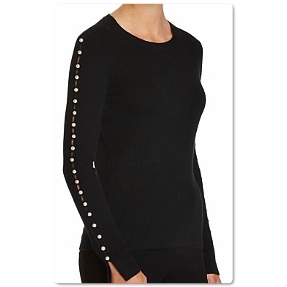 Belle France Cashmere Black Sweater Pearl Embellish Size L Large NEW NWT